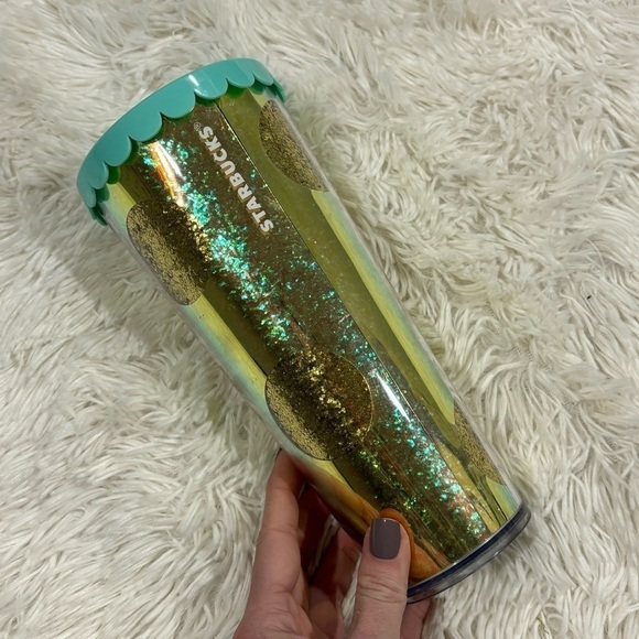 Starbucks Other - Starbucks Holiday Green Gold Glitter Iridescent Polka Dot Cold Cup Tumbler 24 oz